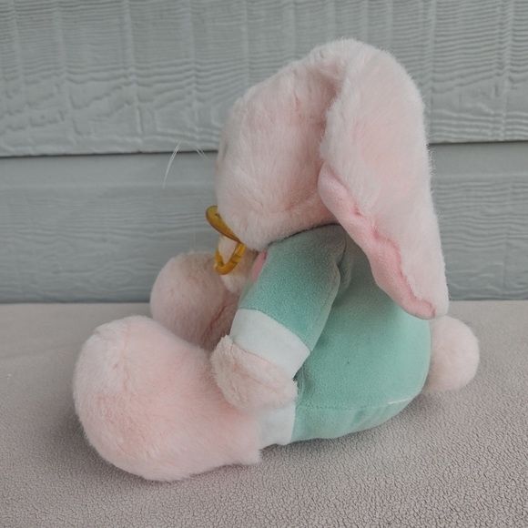 Vintage Pink Bunny with Pacifier Plush 12" Green Pink Heart Stuffed Rabbit Baby - Picture 2 of 9
